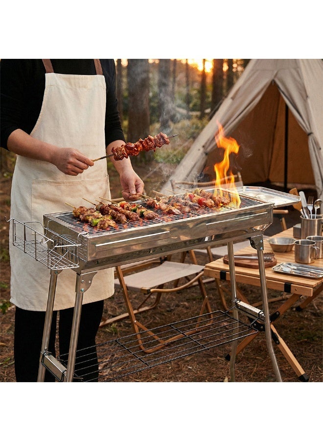 Charcoal BBQ Grill Portable Stainless Steel Outdoor Barbecue Stand with Side Seasoning Tray, Lower Storage Shelf, and Reinforced Grill Grate for Family Camping & Garden Parties - Image 1